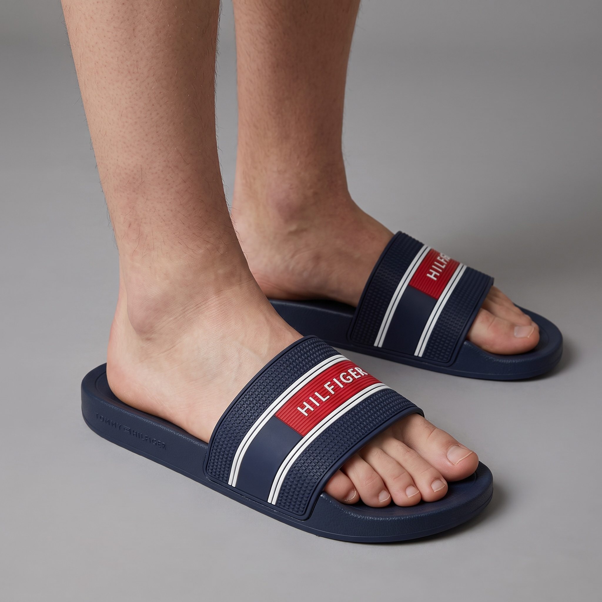 Tommy Hilfiger Navy Slides – Red Logo Strap, Classic Comfort