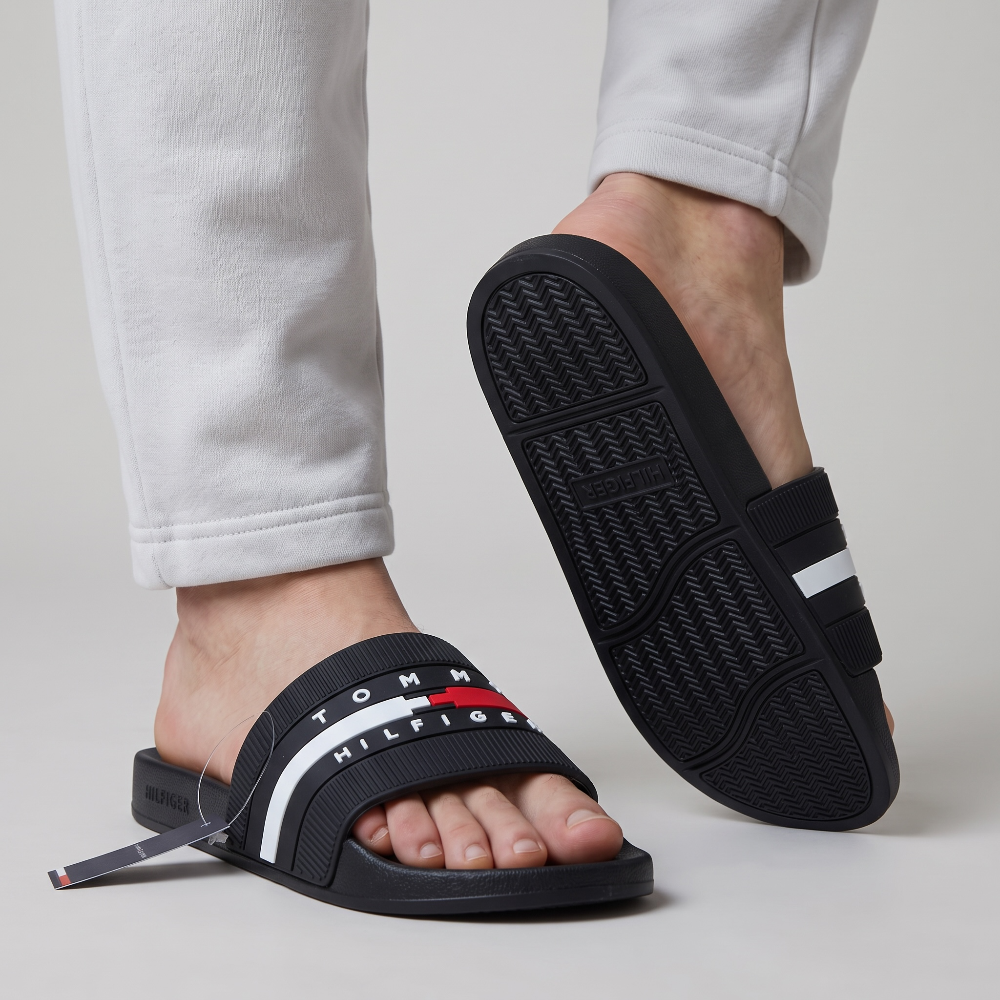 Tommy Hilfiger Signature Slides – Black | Red & White Stripe 🖤❤️🤍