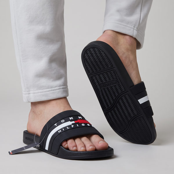 Tommy Hilfiger Signature Slides – Black | Red & White Stripe 🖤❤️🤍