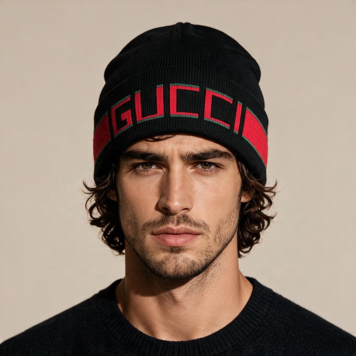 Gucci Knit Beanie with Red & Green Logo Trim — Black