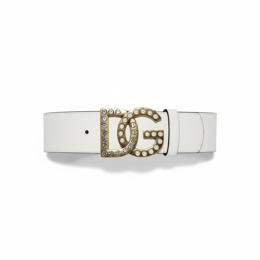 🤍 Dolce & Gabbana White Leather Belt – DG Pearl & Crystal Gold Buckle (115cm)