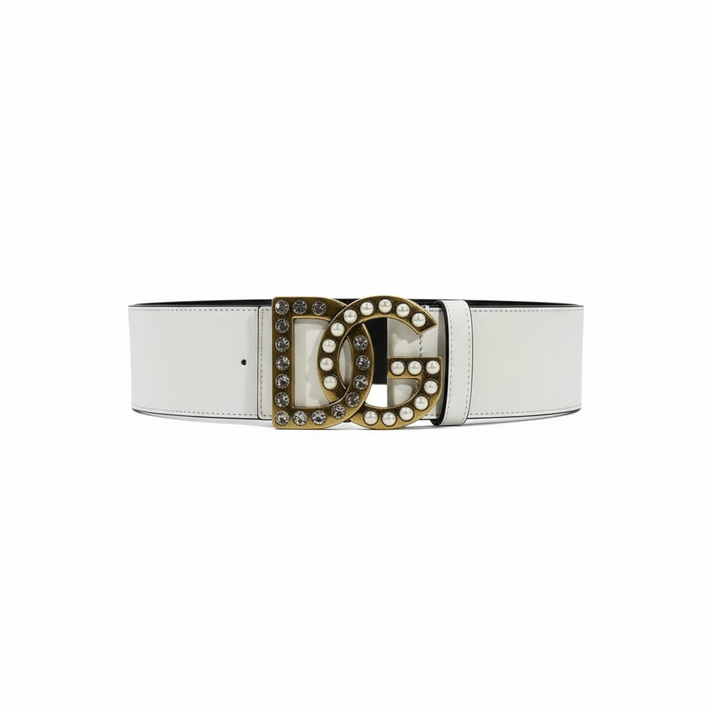 🤍 Dolce & Gabbana White Leather Belt – DG Pearl & Crystal Gold Buckle (115cm)