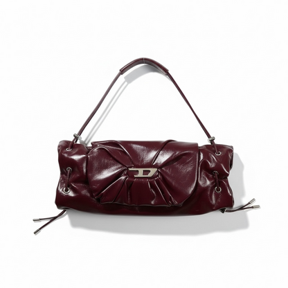 DIESEL Burgundy Gloss Ruched Shoulder Bag 🍷✨ | Bow Detail & Silver Hardware