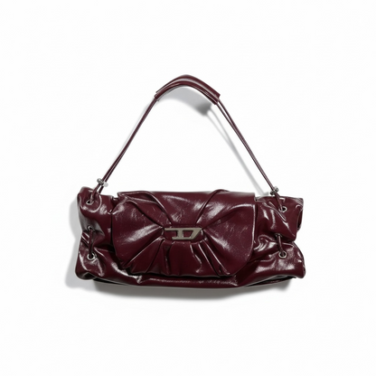 DIESEL Burgundy Gloss Ruched Shoulder Bag 🍷✨ | Bow Detail & Silver Hardware