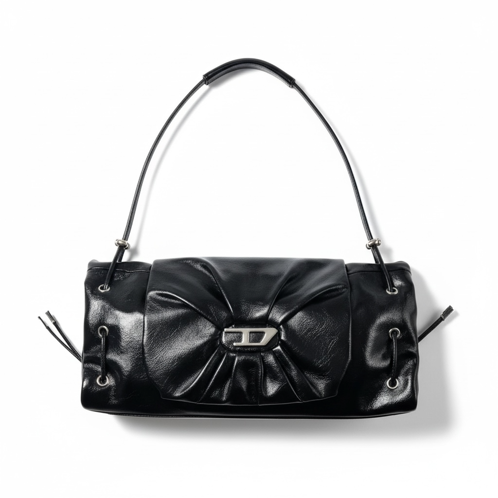 DIESEL Black Gloss Ruched Shoulder Bag 🖤✨ | Iconic Bow Detail & Silver Hardware