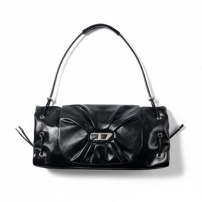 DIESEL Black Gloss Ruched Shoulder Bag 🖤✨ | Iconic Bow Detail & Silver Hardware