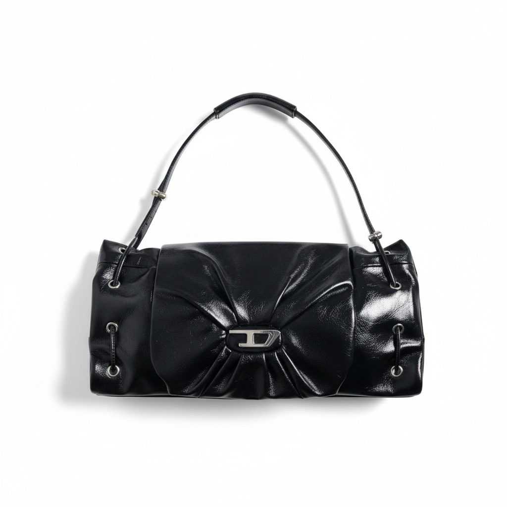 DIESEL Black Gloss Ruched Shoulder Bag 🖤✨ | Iconic Bow Detail & Silver Hardware