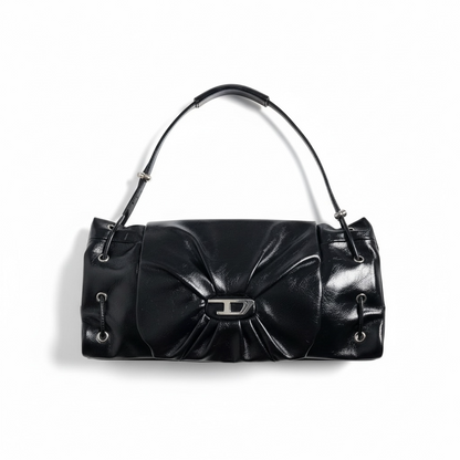 DIESEL Black Gloss Ruched Shoulder Bag 🖤✨ | Iconic Bow Detail & Silver Hardware
