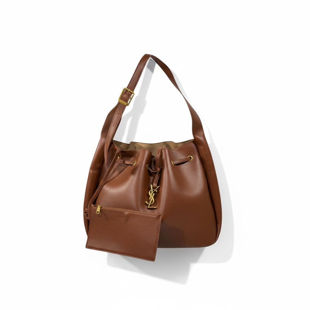 YSL Brown Leather Shoulder Bag with Matching Pouch – Classic Drawstring Luxury 🤎✨