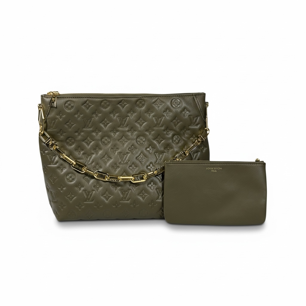 ✨💚 Louis Vuitton Embossed Monogram Tote Bag + Matching Pouch – Olive Green Edition