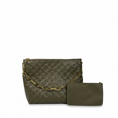 ✨💚 Louis Vuitton Embossed Monogram Tote Bag + Matching Pouch – Olive Green Edition