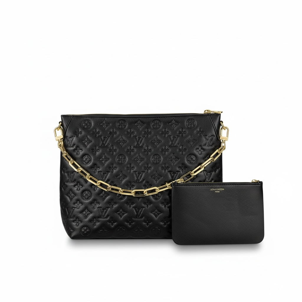 🖤✨ Louis Vuitton Embossed Monogram Tote Bag + Matching Pouch – Black & Gold