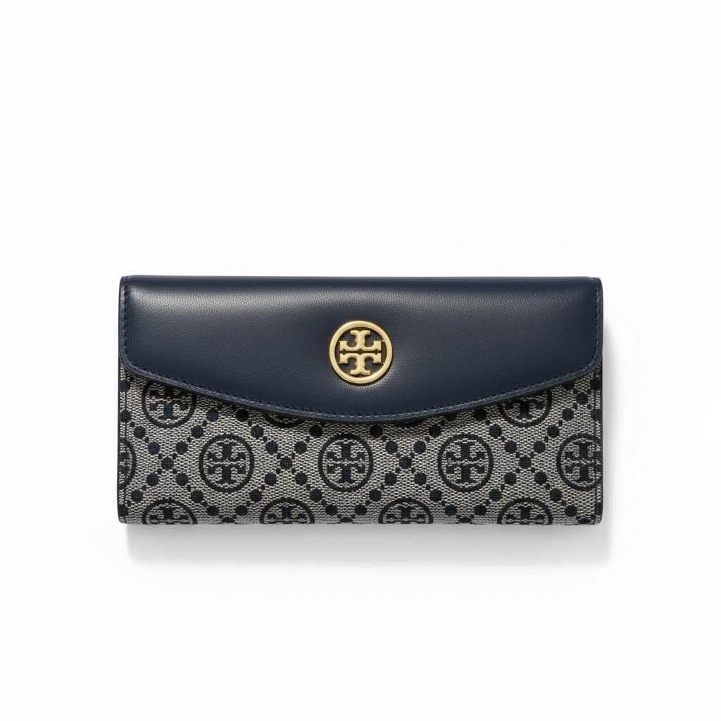 💙 Tory Burch Signature Flap Wallet – Navy Blue & Monogram Canvas Chic 💼