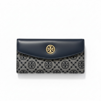 💙 Tory Burch Signature Flap Wallet – Navy Blue & Monogram Canvas Chic 💼