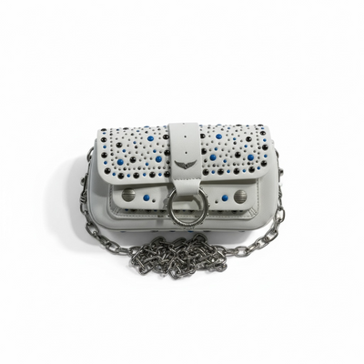 Zadig & Voltaire White Studded Shoulder Bag – Silver Chain & Blue Accents