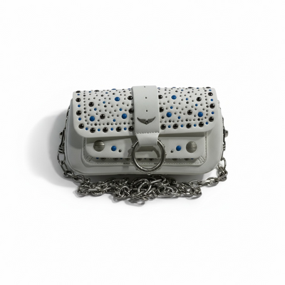 Zadig & Voltaire White Studded Shoulder Bag – Silver Chain & Blue Accents