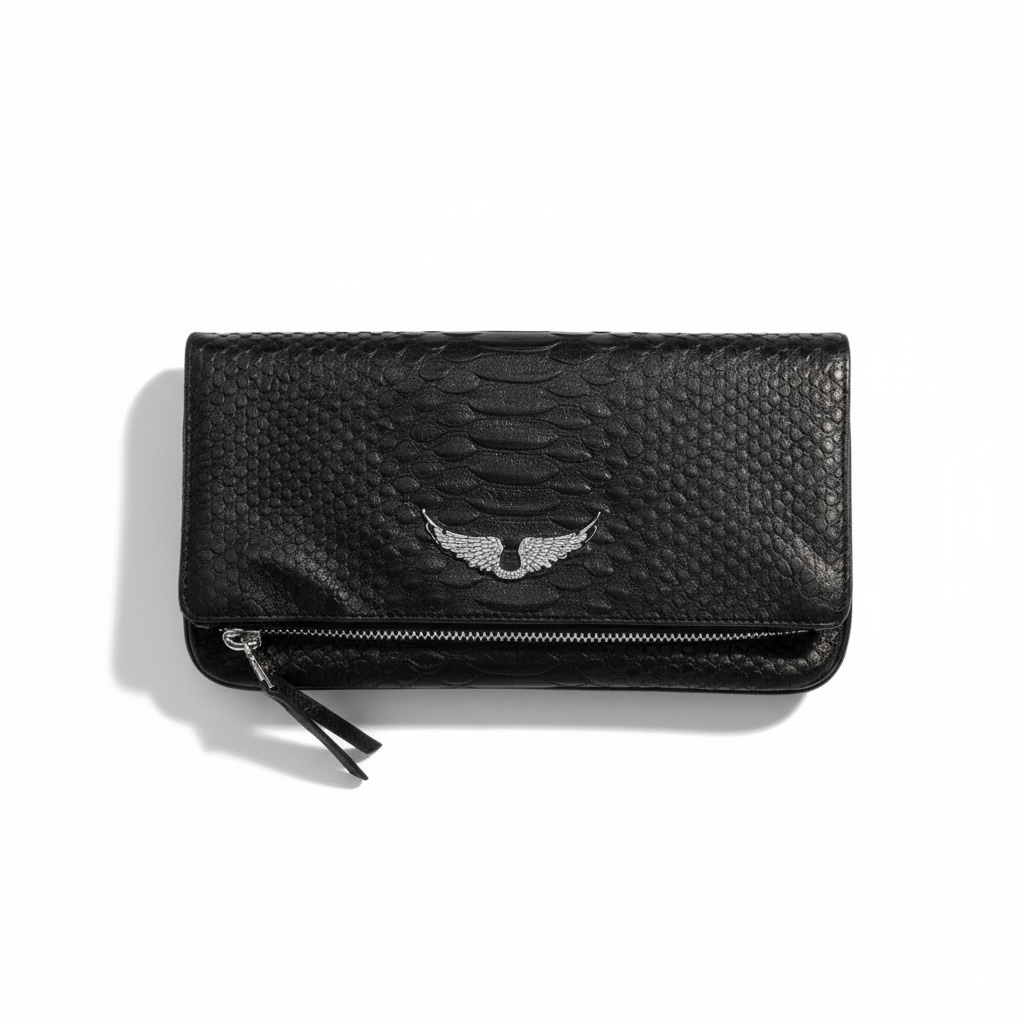 Zadig & Voltaire Python-Textured Clutch 🖤 | Silver Wings Luxury Evening Bag