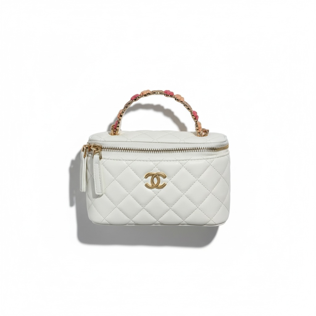 Chanel White Quilted Mini Vanity Bag – Gold Chain Handle & CC Logo 🕊️