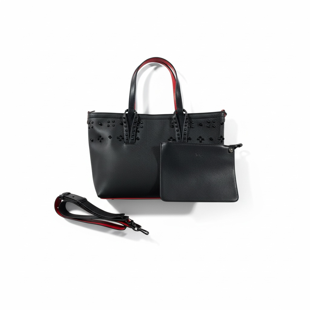 👜✨ Christian Louboutin Black Studded Tote with Iconic Red Sole Base & Matching Pouch 👑❤️