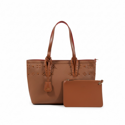 👜✨ Christian Louboutin Brown Leather Tote with Stud Details & Red Sole Accent 👠❤️
