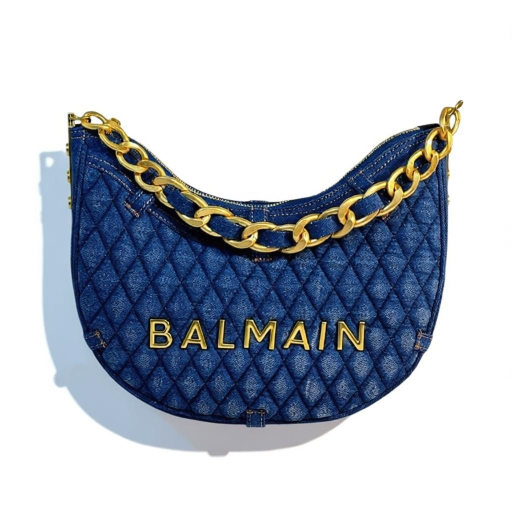 Balmain Quilted Denim Shoulder Bag 💙 | Gold Chain Luxury Designer Bag