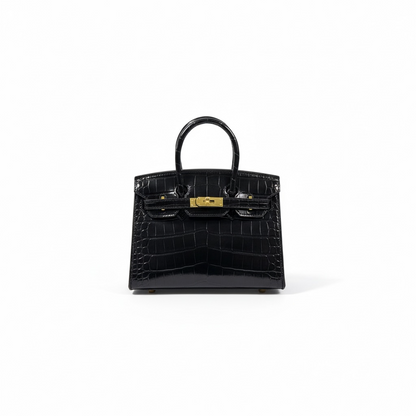 🖤👑 Hermès Style Black Croc-Embossed Handbag with Gold Lock & Scarf Detail ✨💼