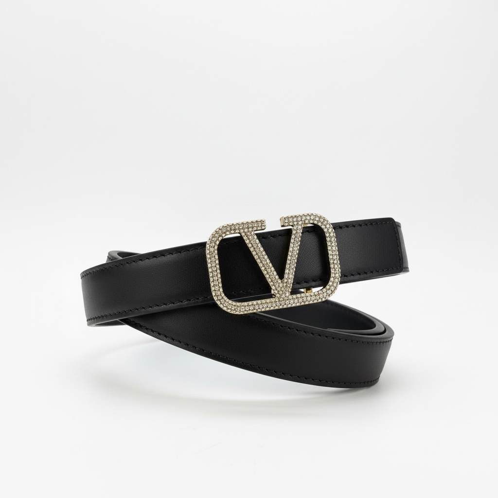 Valentino V Logo Crystal Buckle Black Leather Belt 🖤✨