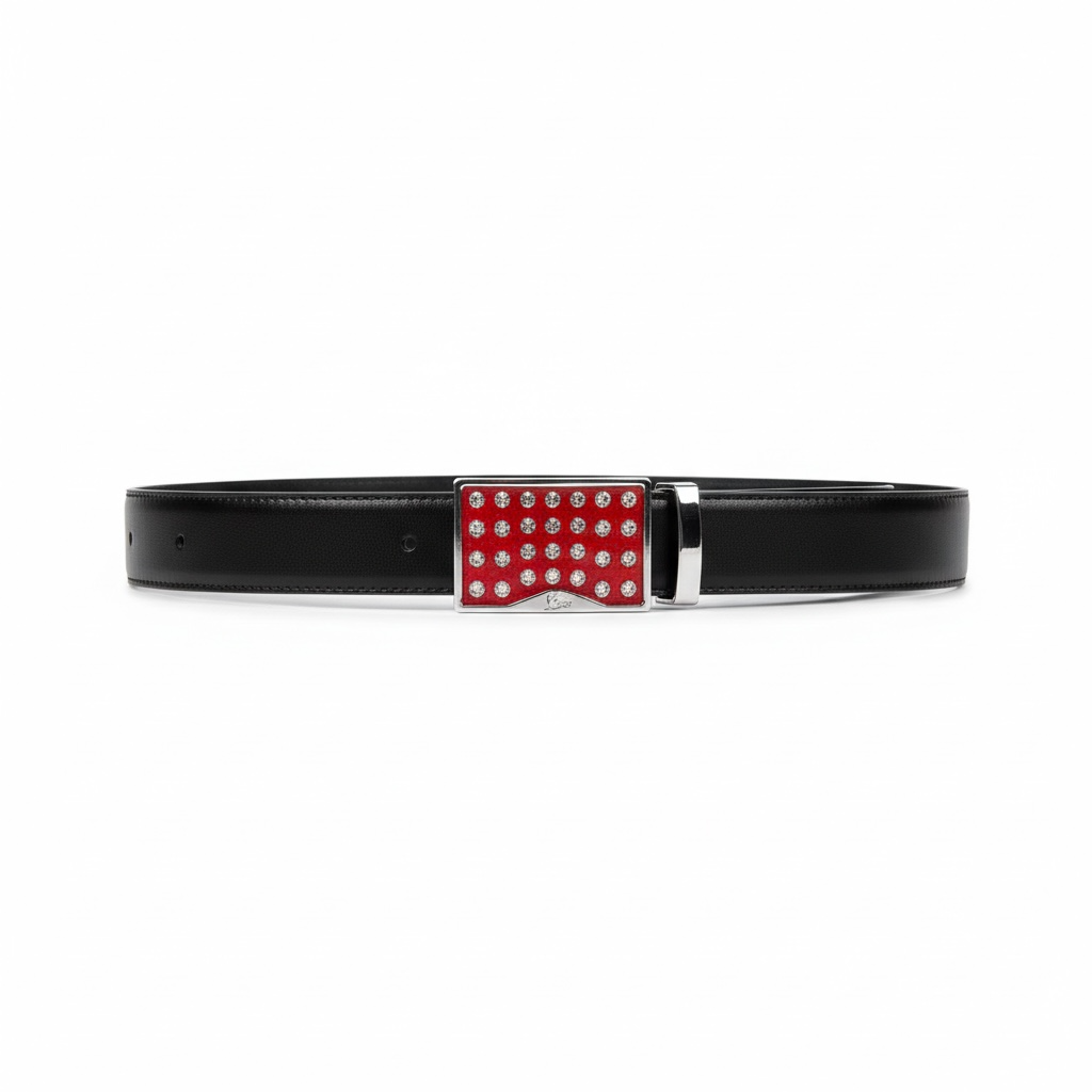 ❤️ Christian Louboutin Red Crystal Buckle Leather Belt – 110 cm ❤️