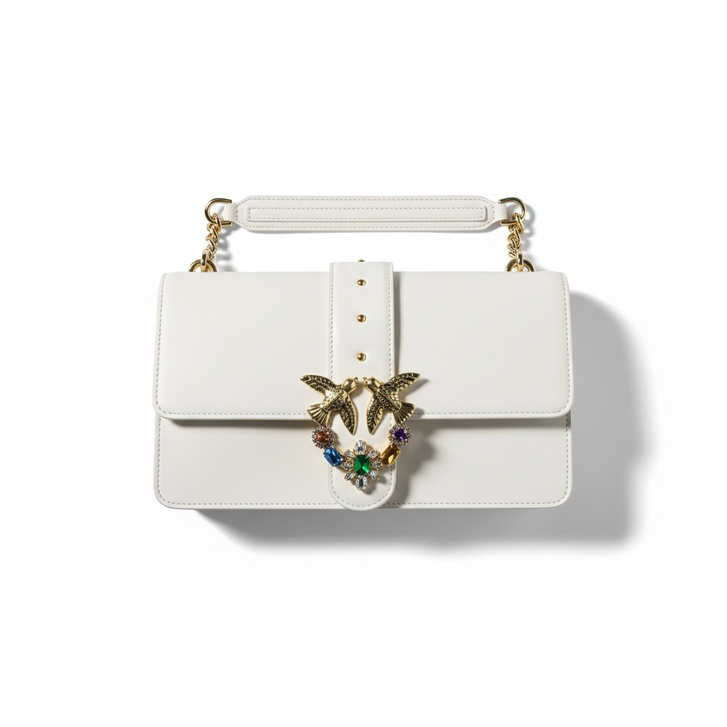 Pinko White Crystal Love Bag 🤍💎 – Radiance in Every Detail