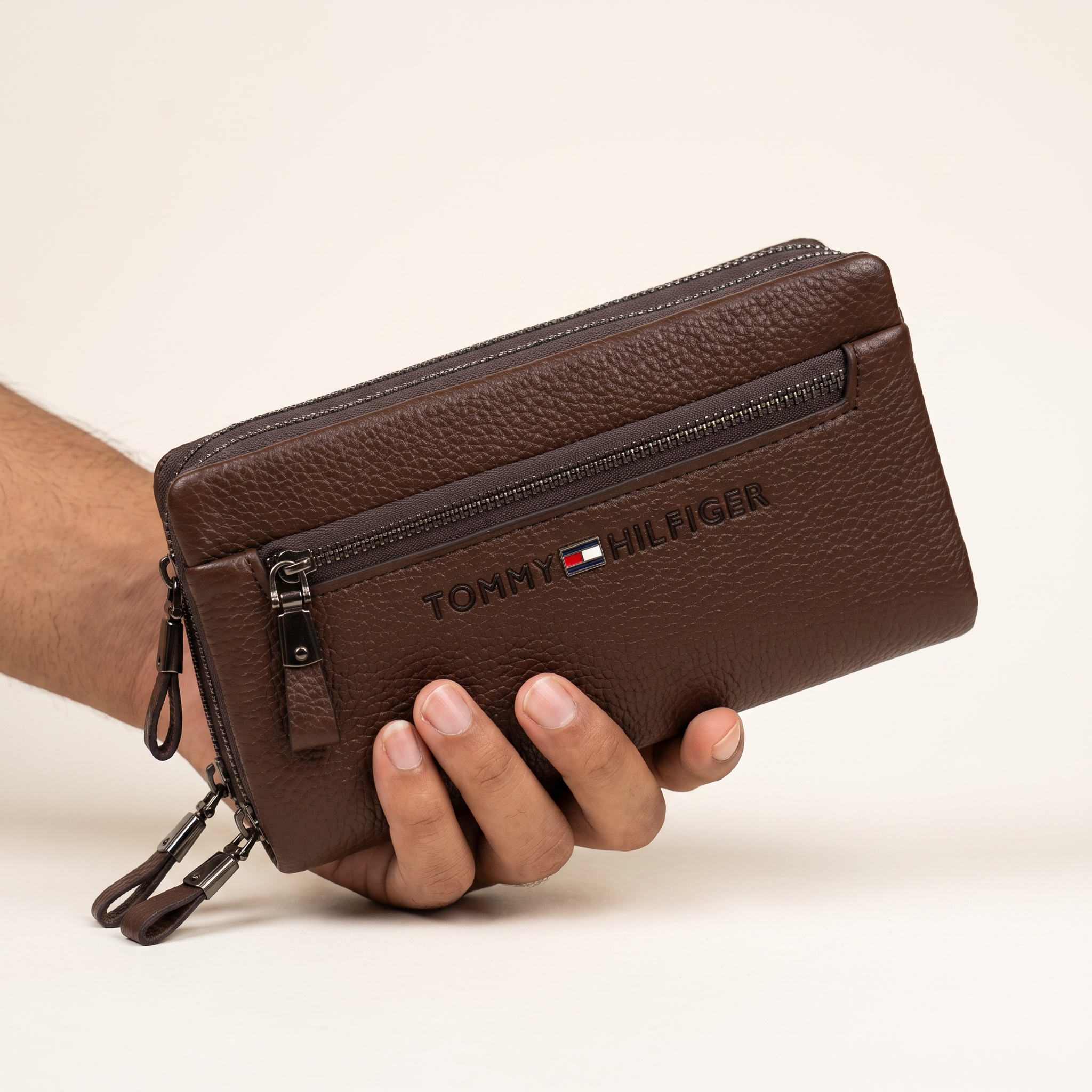 Tommy Hilfiger Premium Brown Leather Organizer Wallet 🤎✨ Multi-Zip Luxury Clutch