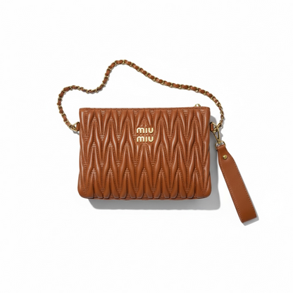 Miu Miu Matelassé Leather Shoulder Bag – Brown Quilted Clutch with Chain Strap & Wristlet 🧡✨