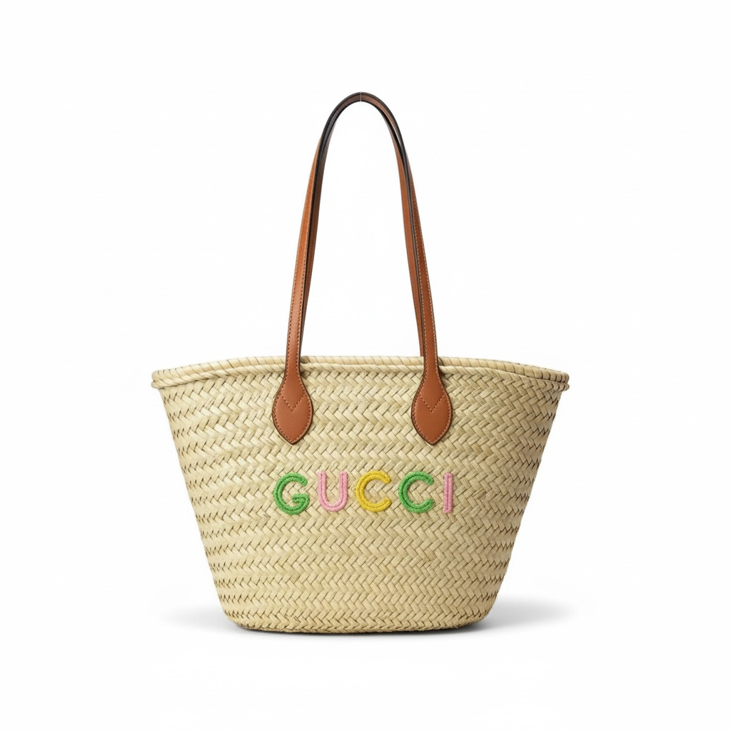 Gucci Multicolor Logo Straw Tote – Natural Palm Weave & Leather Handles 🌈👜