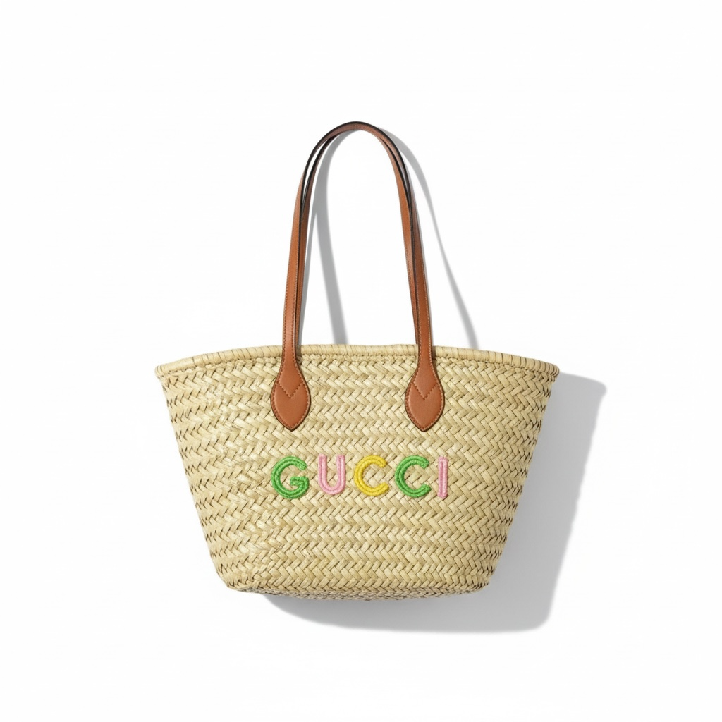 Gucci Multicolor Logo Straw Tote – Natural Palm Weave & Leather Handles 🌈👜
