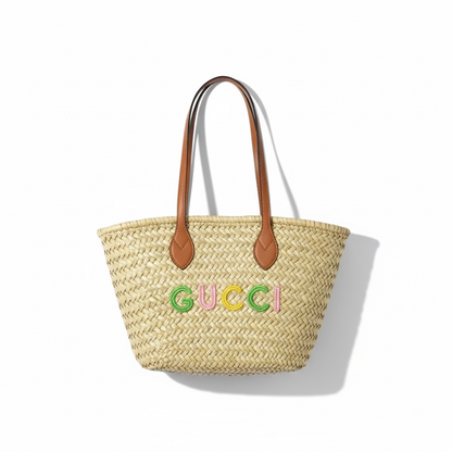 Gucci Multicolor Logo Straw Tote – Natural Palm Weave & Leather Handles 🌈👜