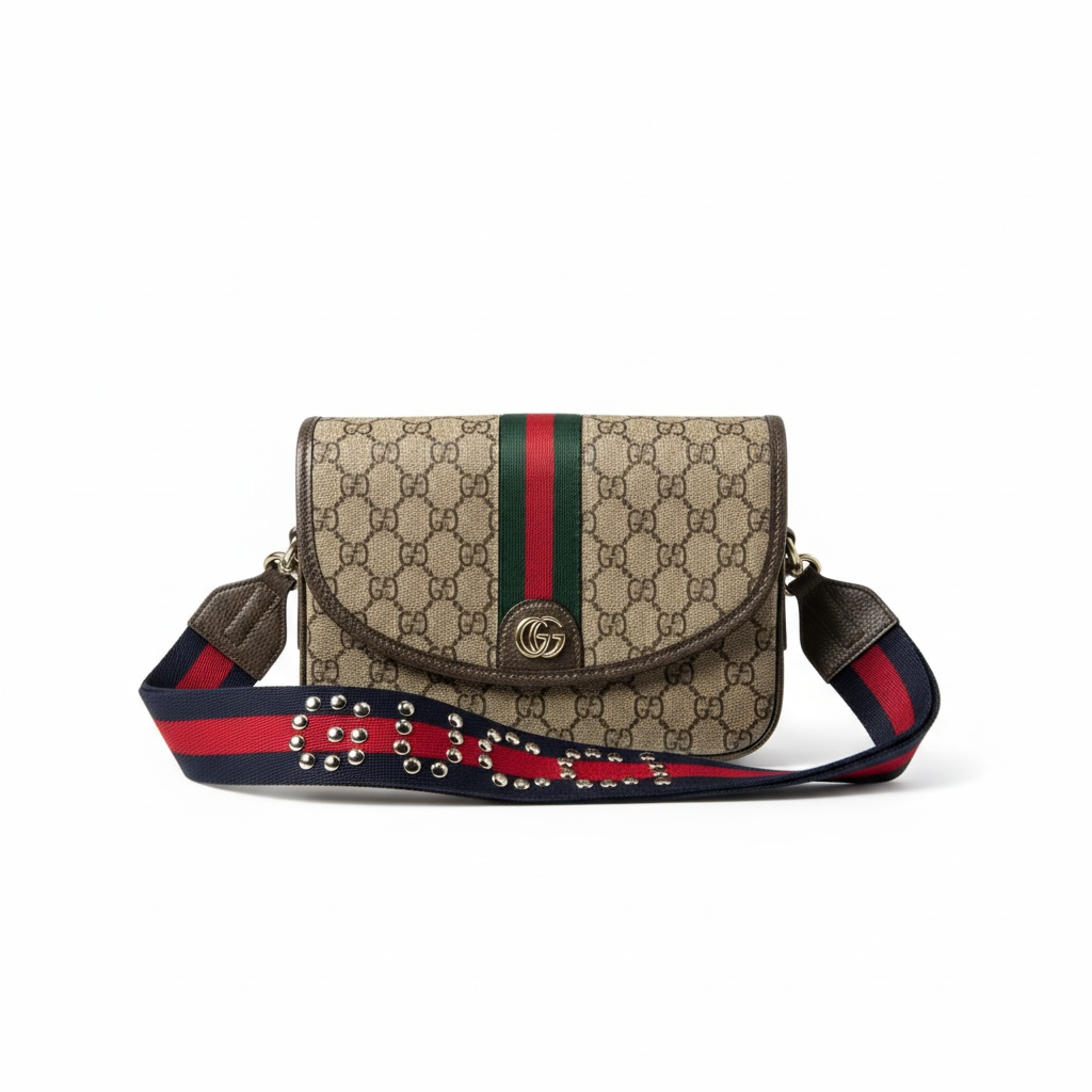 Gucci Ophidia GG Supreme Shoulder Bag – Red & Green Studded Strap 💎🟢🔴