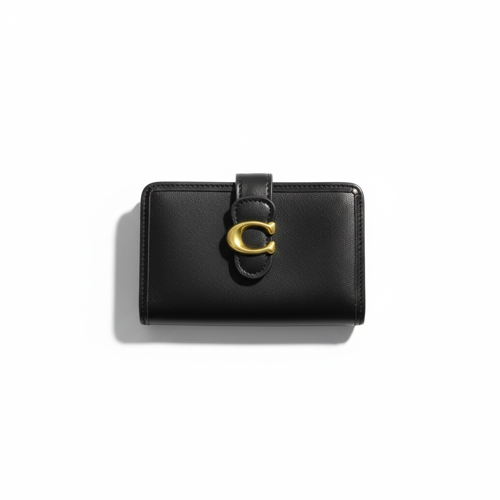 🖤 Coach Tab Wallet – Black Leather with Gold "C" Buckle Closure ✨