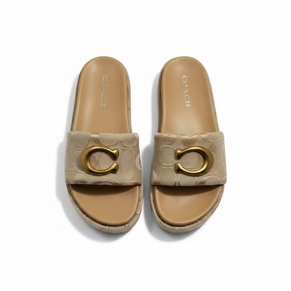 Coach Beige Signature C Platform Slippers – Gold Emblem Elegance ✨