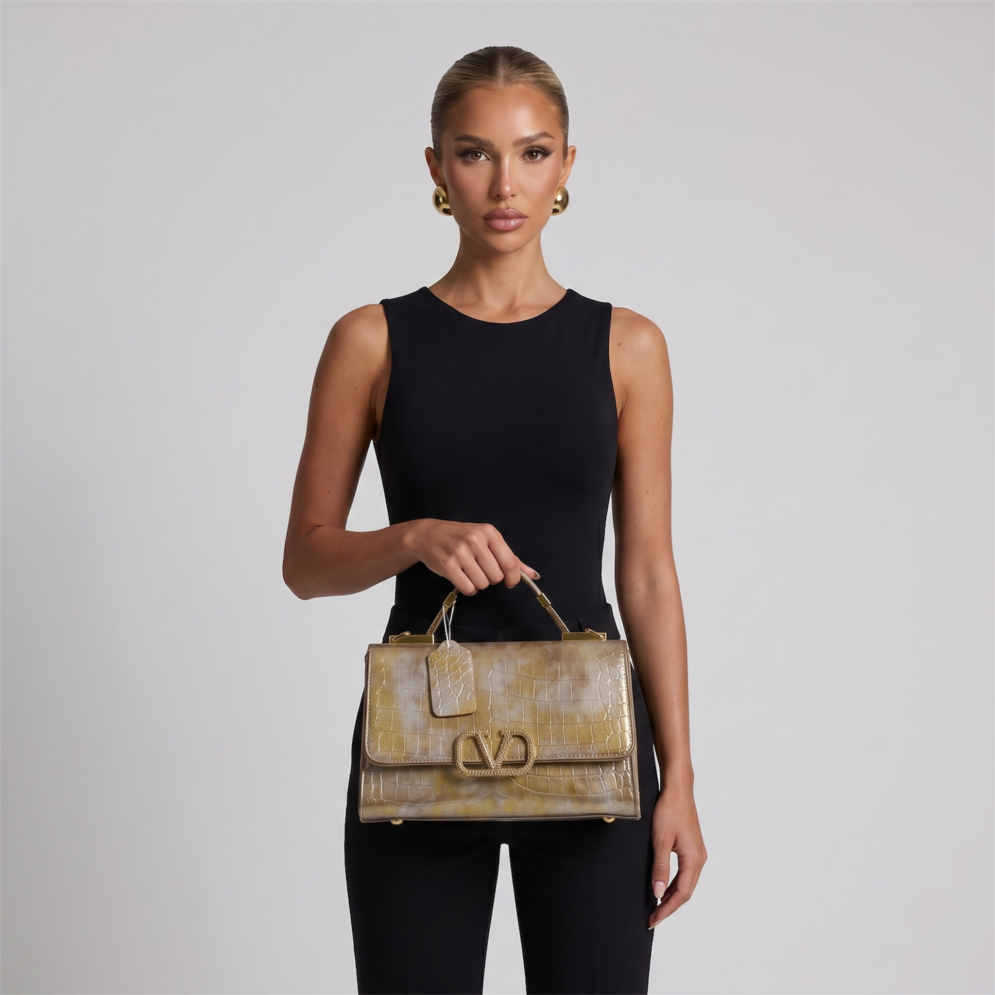 Valentino Garavani Croc-Embossed Golden Bronze VLogo Bag 🐊✨