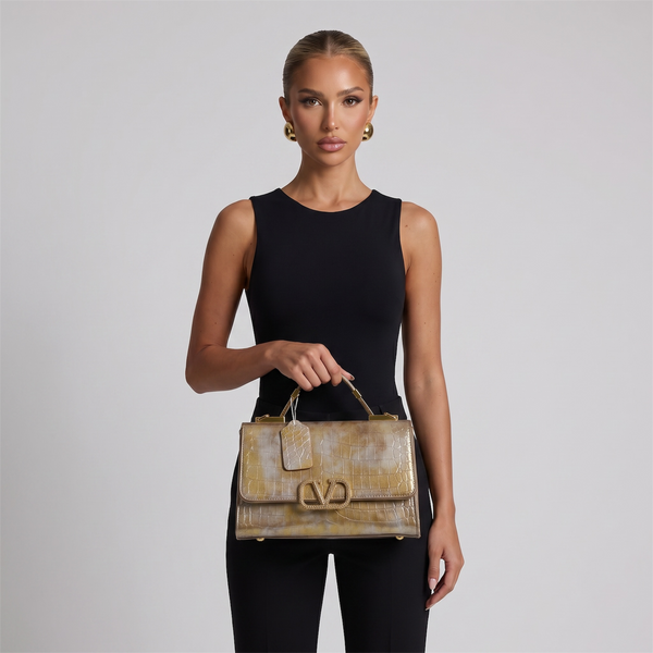 Valentino Garavani Croc-Embossed Golden Bronze VLogo Bag