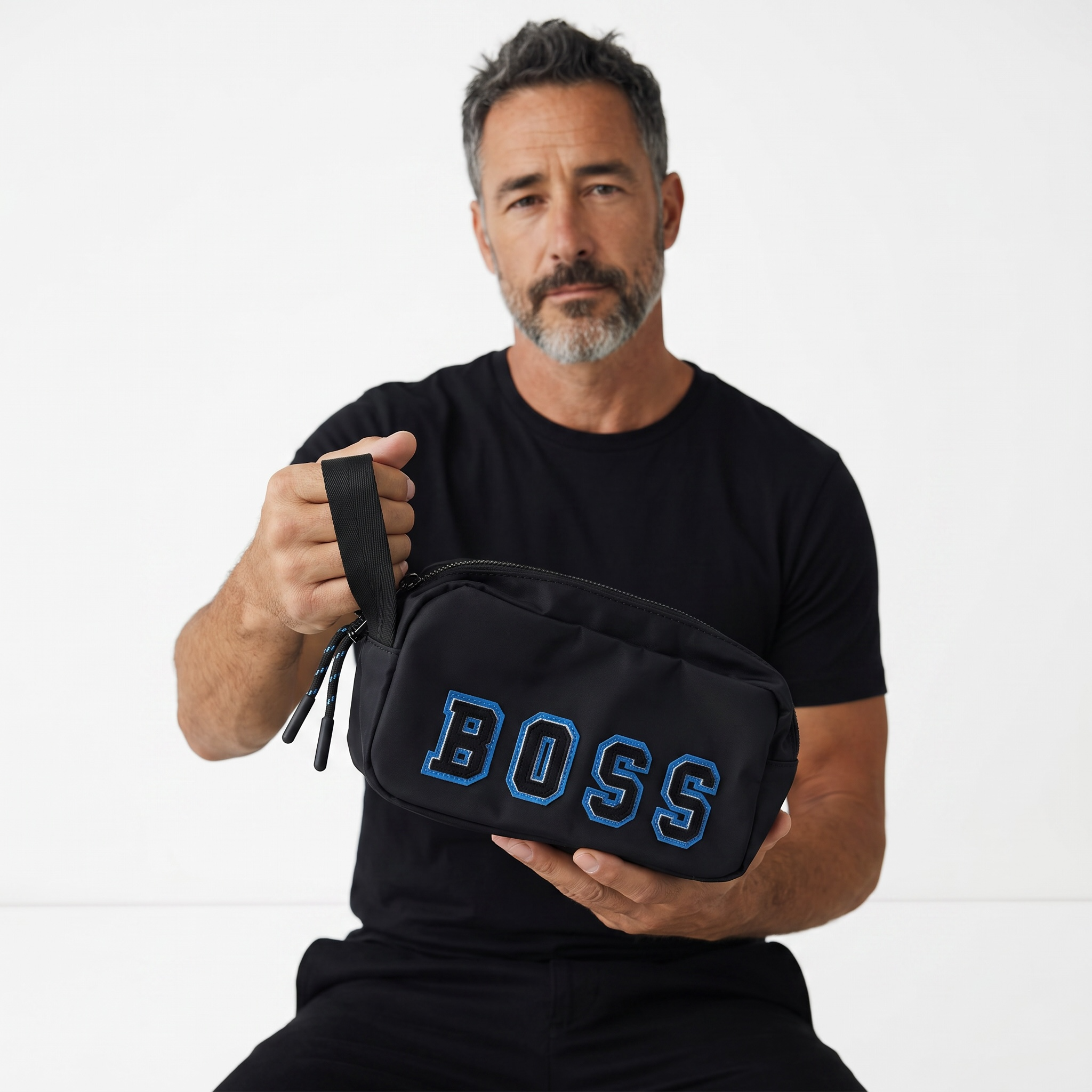 BOSS Navy Embroidered Pouch Bag – Sporty Elegance 💙🖤