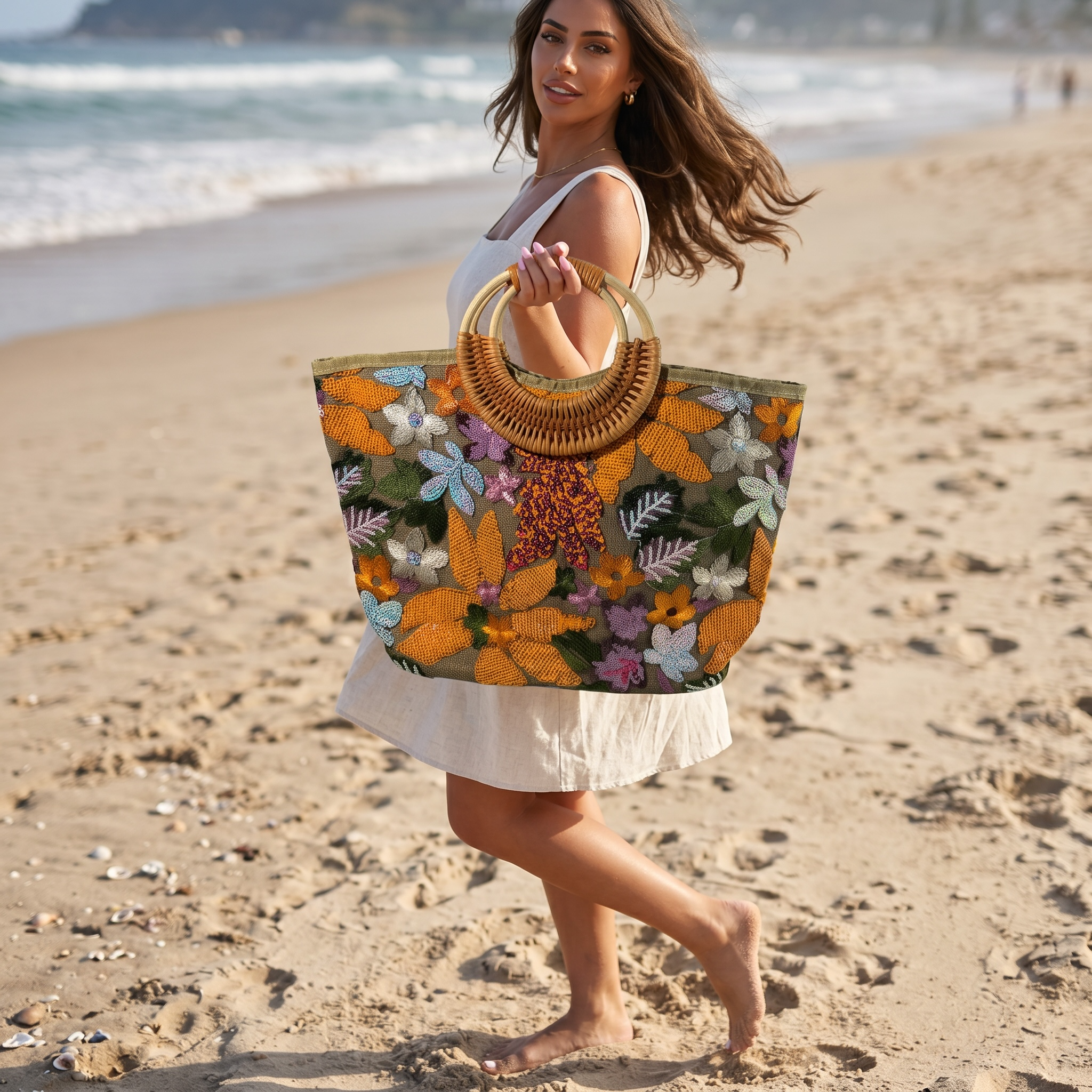 🌺 Floral Sequin Beach Tote Bag | Boho Summer Resort Handbag ✨