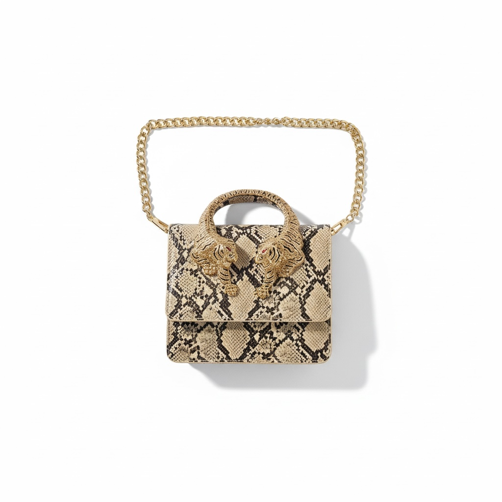 🐍 Roberto Cavalli Python Tiger Handle Bag – Jeweled Top Handle & Gold Chain | Exotic Statement Piece