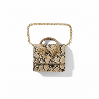 🐍 Roberto Cavalli Python Tiger Handle Bag – Jeweled Top Handle & Gold Chain | Exotic Statement Piece