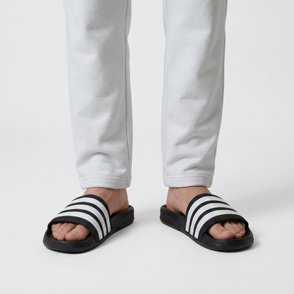 ⚫ Adidas Slides – Black & White Stripes Edition 🤍🔥