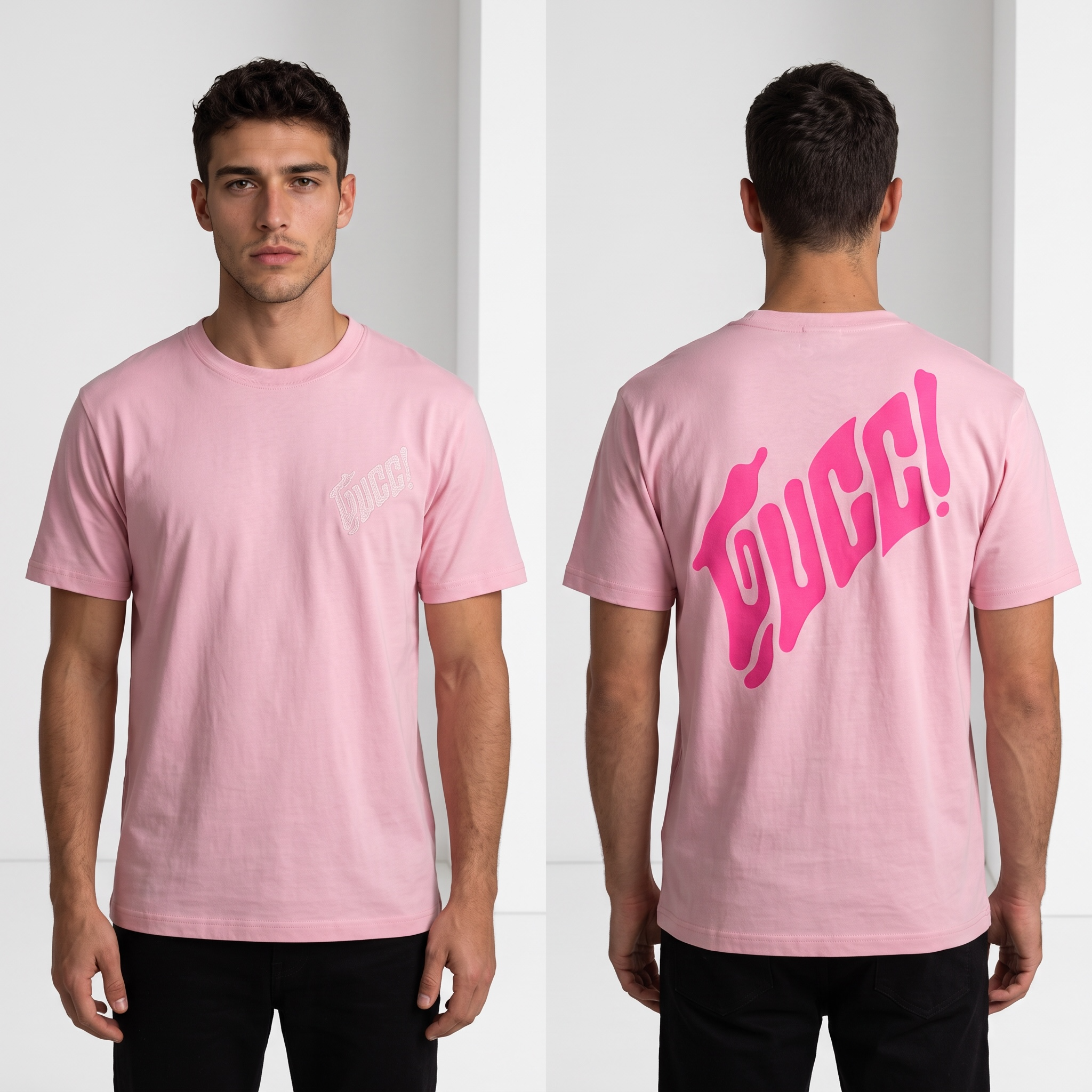 GUCCI Pink Graphic Logo Tee – Bold, Playful, Iconic