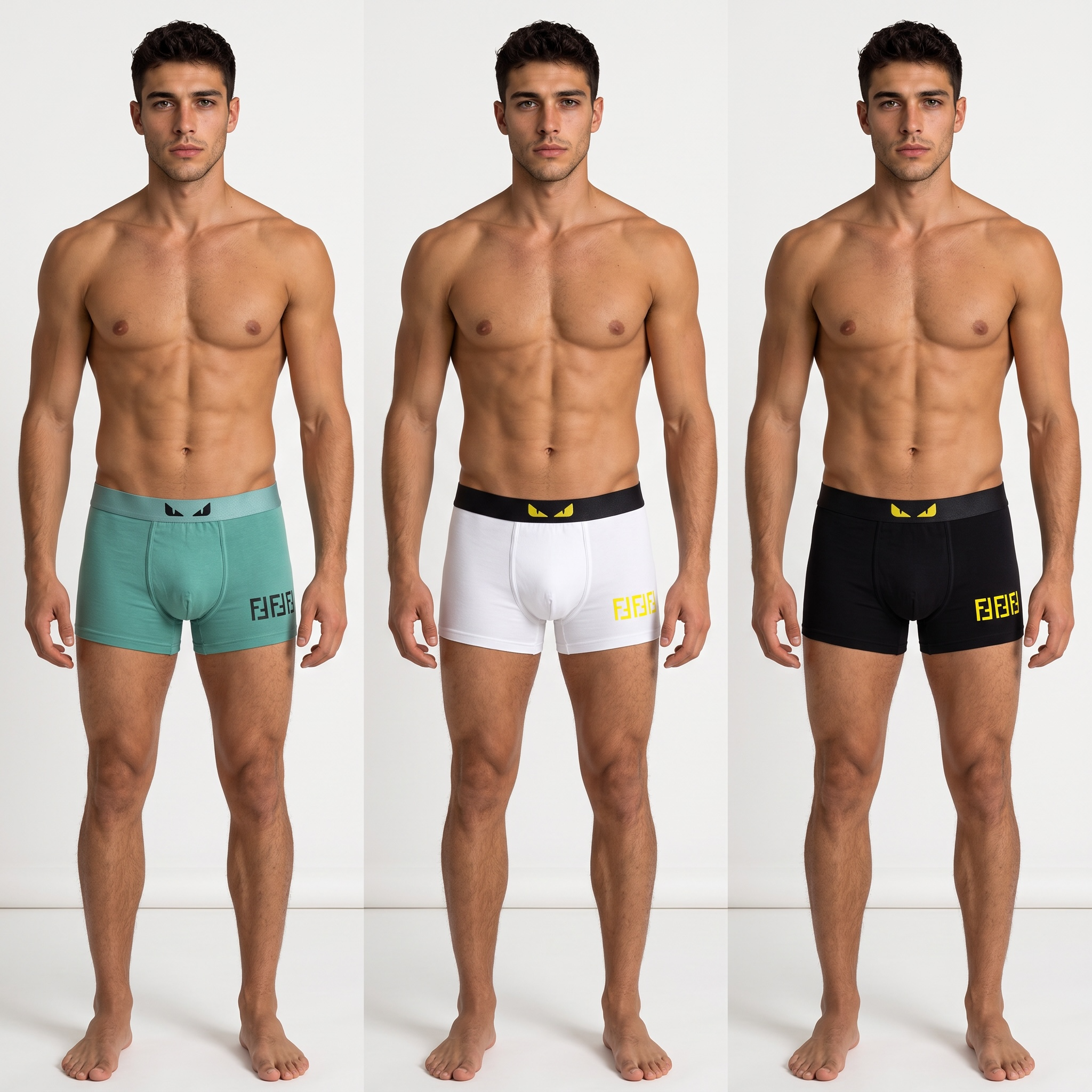 🩲 Fendi Monster Eyes Boxer Shorts – 3 Pack (Green, White & Black)
