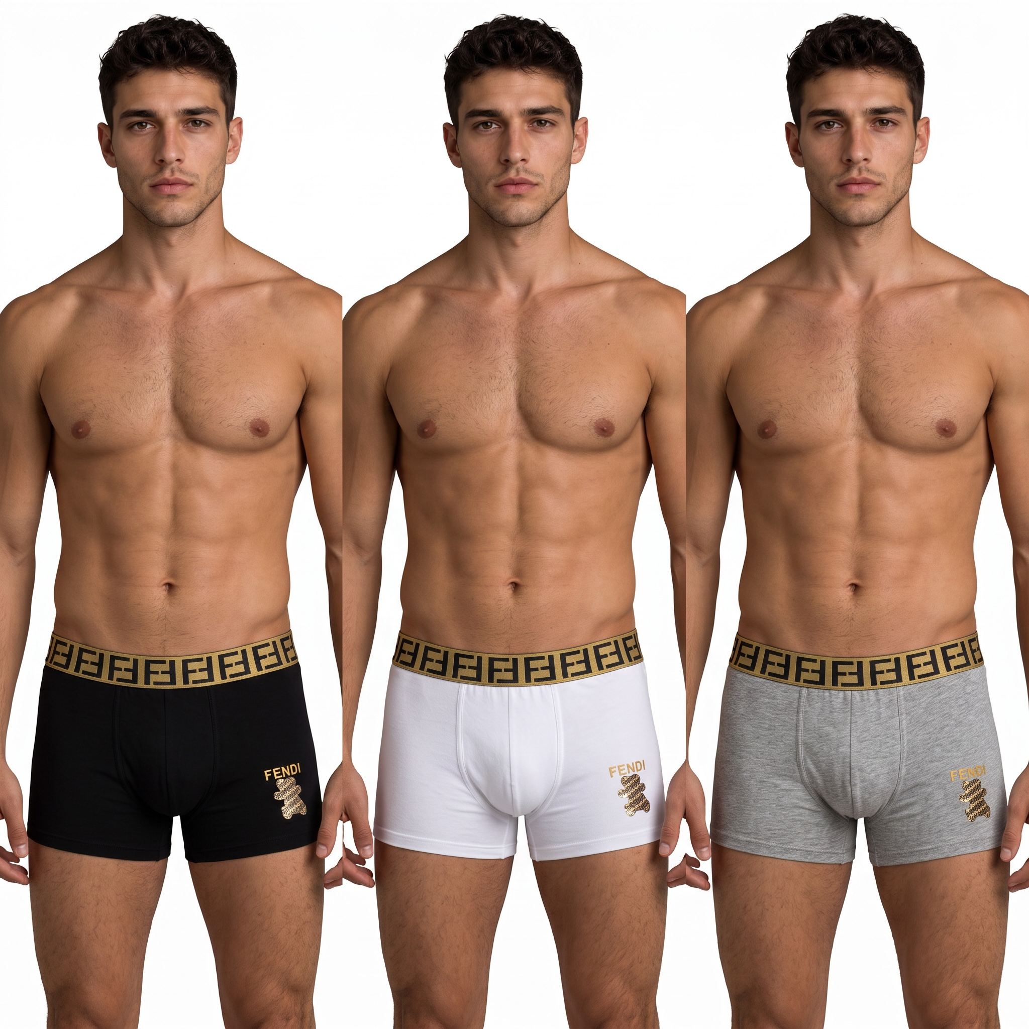 Fendi Men’s Boxer Briefs – 3 Pack (Black, White & Grey)