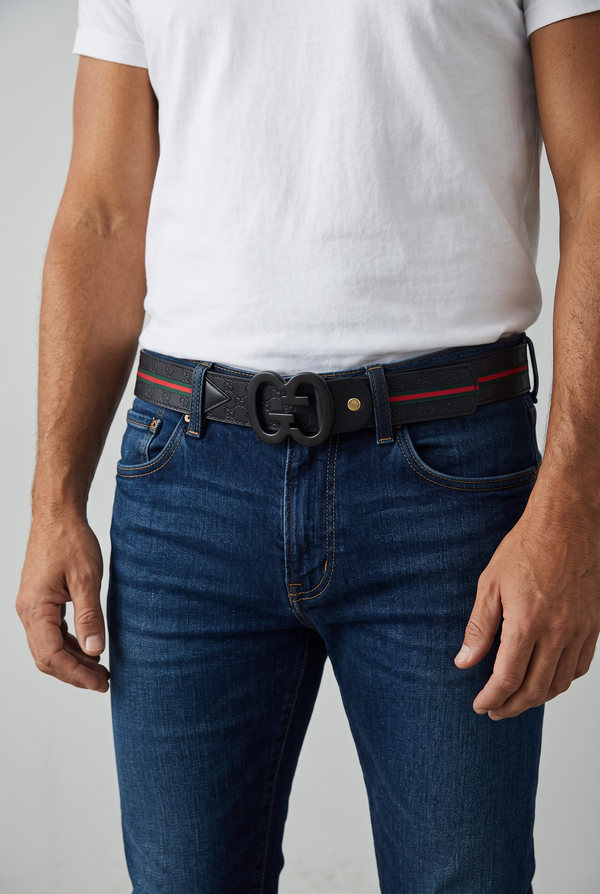 🖤 Gucci Style Black Belt – 120cm | Silver “GG” Logo Buckle ✨ | Green & Red Signature Stripe 💚❤️