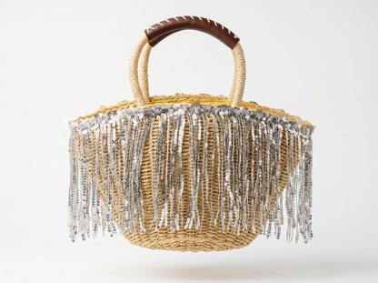 Crystal Fringe Woven Beach Tote – Natural Beige ✨🏖️