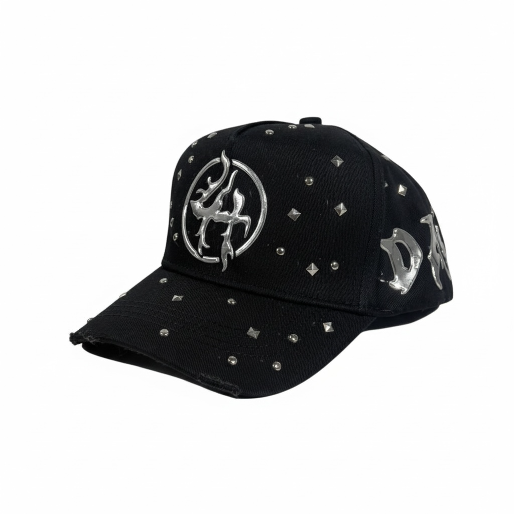 🧢 Dandy Hats X Lost Hills Studded Flame Cap – Black Chrome Street Edition